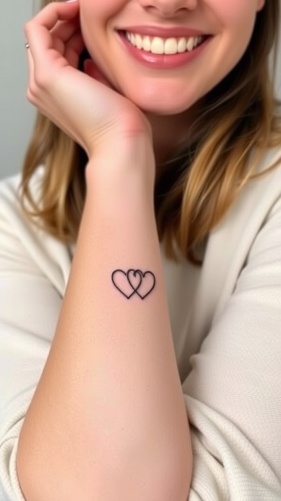 A close-up of a person's arm with a double heart outline tattoo, smiling in the background.