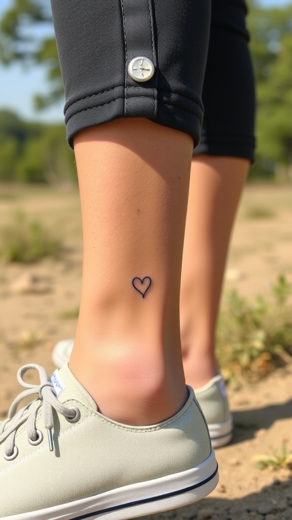 A small heart tattoo on an ankle, paired with gray sneakers.