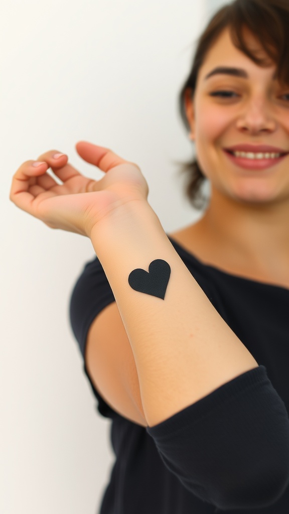 A person showing off a tiny black heart tattoo on their arm, smiling