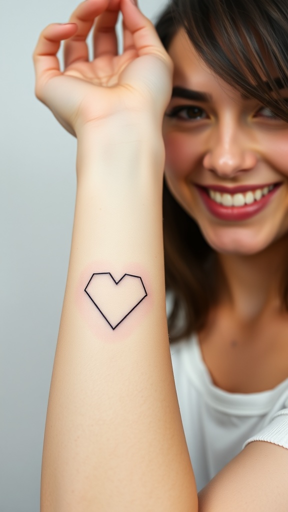 A woman showing off a tiny geometric heart tattoo on her forearm, smiling.