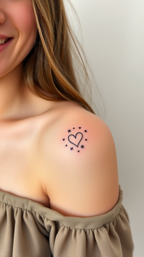 Tiny heart tattoo surrounded by stars on a shoulder