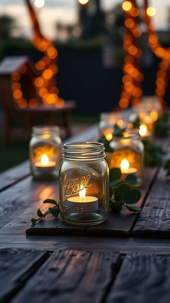 Mason jar candle centerpiece with greenery